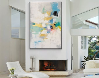 Gold & Blue Wall Art Texture Painting minimalist Painting Bright Fresh Feeling  Framed Large Wall Art Living Room Decor Abstract Art