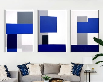 Blaue Farbblöcke Wand Kunst Textur Malerei Minimalistische Malerei Schwere Strukturierte Kunst Gemälde Gerahmt Große Wand Kunst Wohnzimmer Dekor