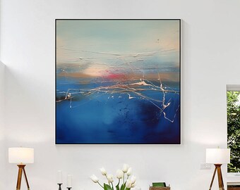 Blue Wall Art Texture Painting Sea abstract minimalist Painting Heavy Textured Square Art Painting Framed Large Wall Art Living Room Decor