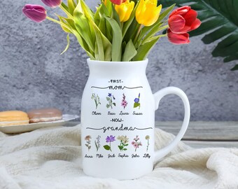 Personalized Mother's Day Flower Birth Month Vase, First Mom Now Grandma With Kid Names Vase, Mother's Day Vase Gift, Gift For Grandma, Mom