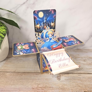 Célébration d'anniversaire de la princesse Ella, toutes les occasions, voeux 3D, boîte pop-up, carte, décoration de fête, souvenir personnalisé