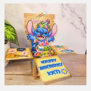 Carte pop-up 3D Stitch anniversaire avec code QR chantant personnalisée avec nom