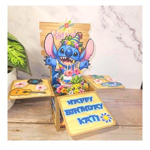 Tarjeta con código QR emergente en 3D para cumpleaños de Stitch personalizada con nombre