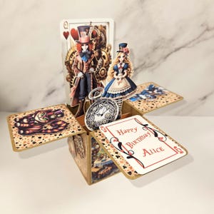 Alice au pays des merveilles Steampunk 3D boîte pop-up carte de voeux pour toute occasion - souvenir personnalisé victorien Alice et le chapelier fou