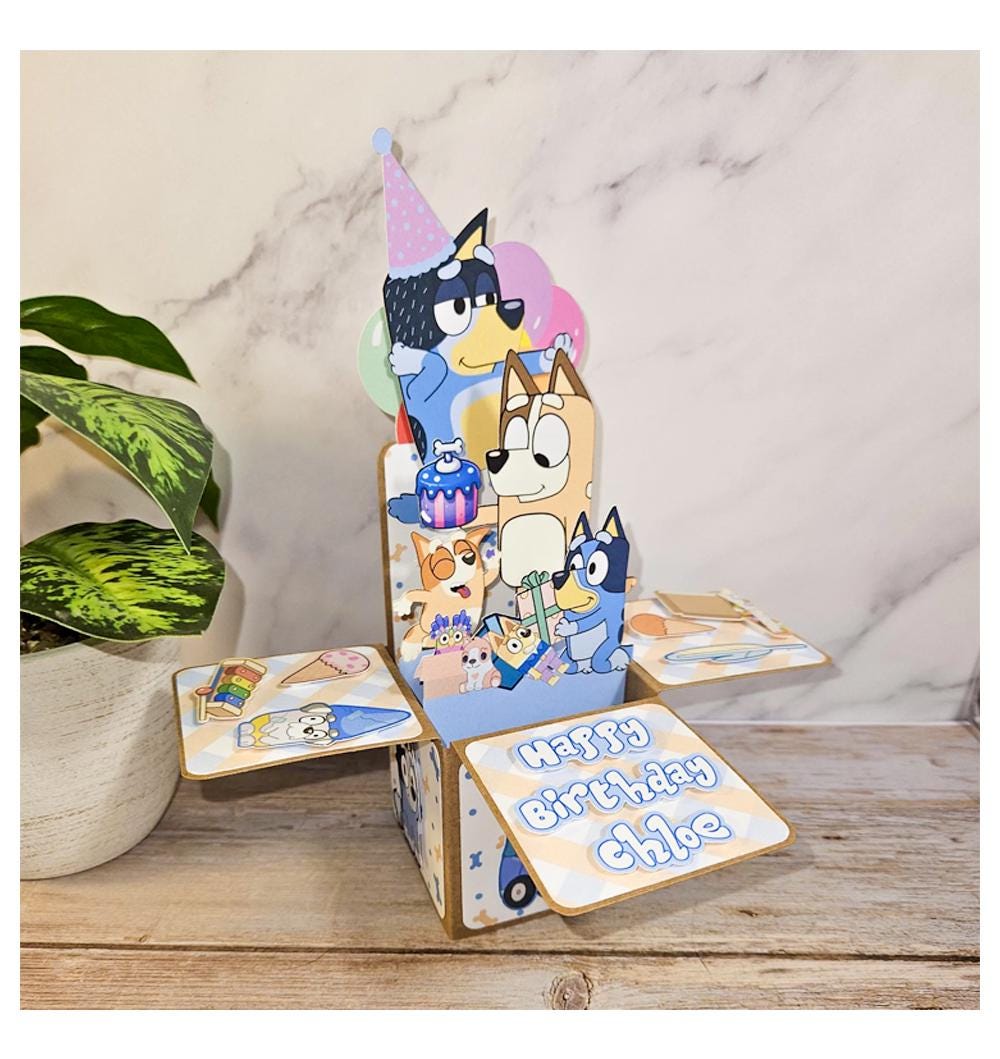 Blue Dog Birthday 3D Pop-up Box Card/Party Decoration Personalized Keepsake