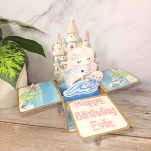 Tarjeta de felicitación de cumpleaños de sirena, caja desplegable 3D, decoración de fiesta personalizada, regalo de recuerdo