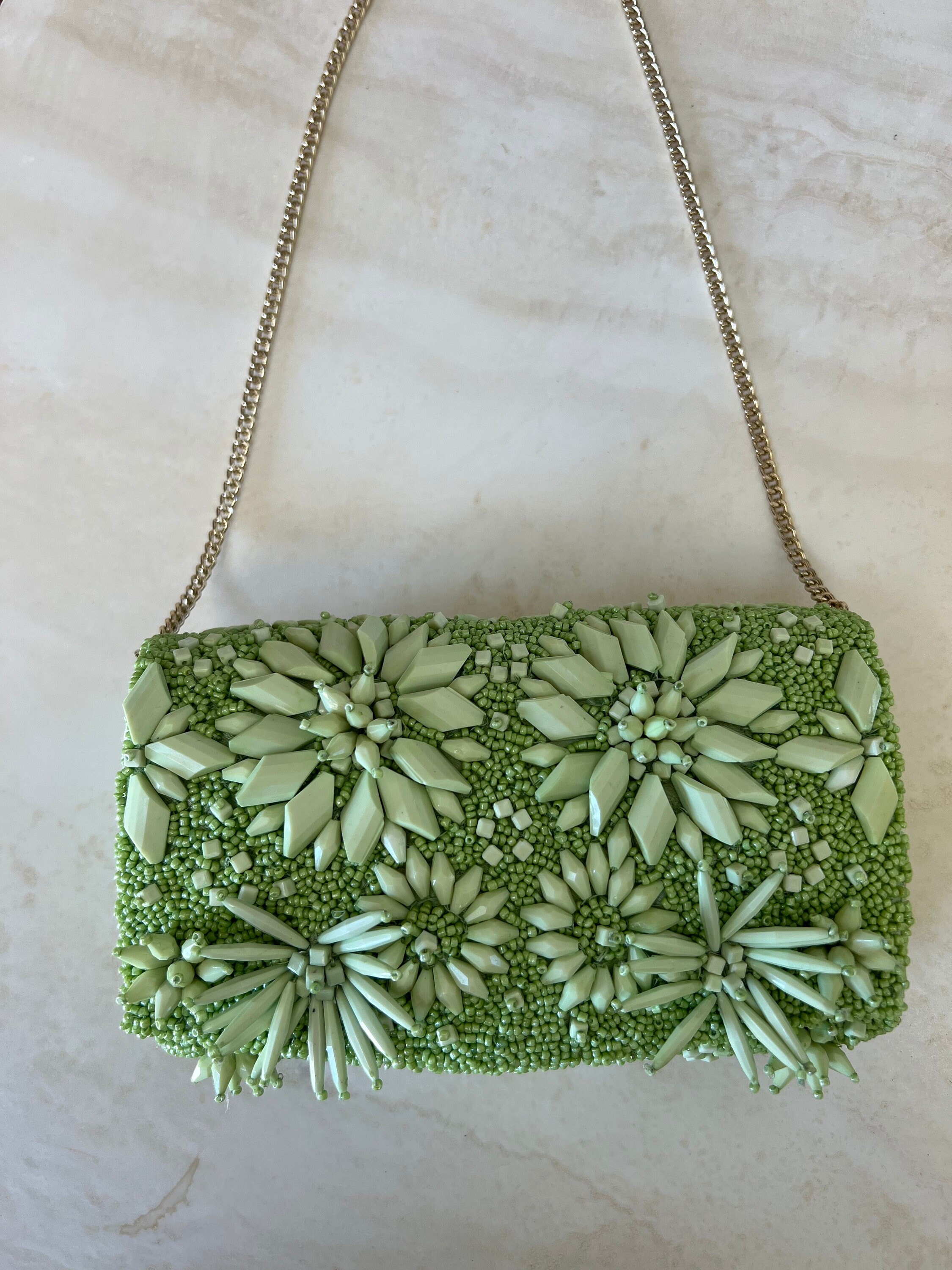 Lime Green Flower Beaded Crossbody, Seed Bead Clutch