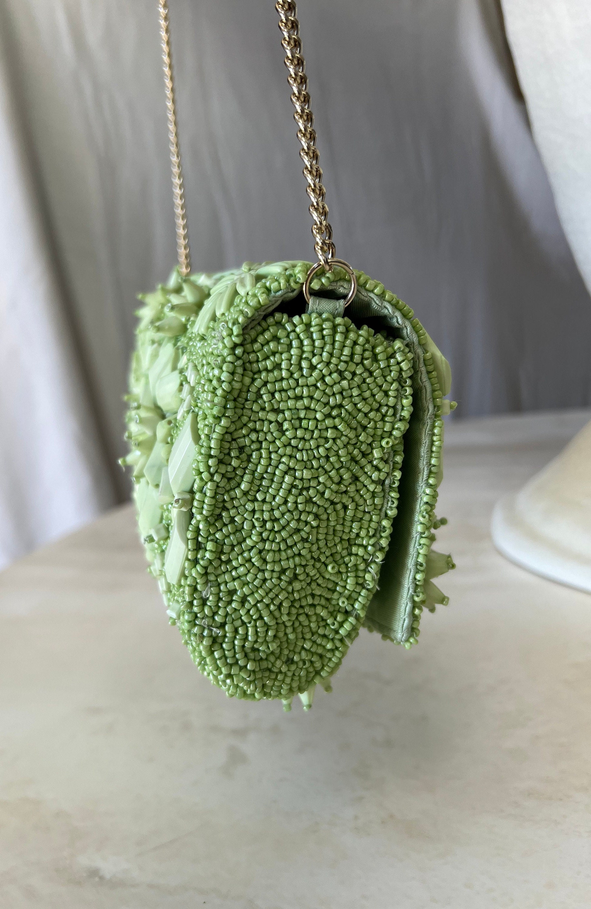 Lime Green Flower Beaded Crossbody, Seed Bead Clutch