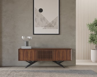 Credenza, dresser, commode, TV stand, media, and walnut sideboard in a mid-century modern style with three slatted doors and an organic-