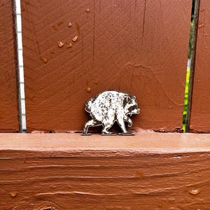 May include: A small, flat, wooden cutout shaped like a raccoon in a walking pose. The raccoon figure features detailed, dark-etched lines depicting fur texture, facial features, and a striped tail, creating a high-contrast black and light wood design.