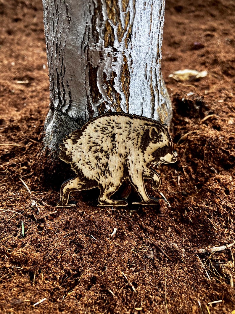May include: A flat, laser-cut wooden cutout of a raccoon in a walking pose. The wood features dark, burned-in details that define the raccoon's fur texture, facial markings, and body shape, creating a high-contrast, detailed illustration on the light wood.