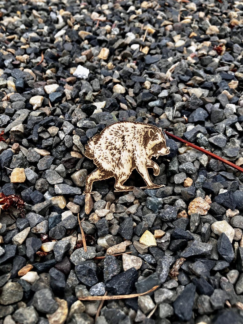 May include: A light-colored wooden cutout shaped like a raccoon, featuring detailed dark brown wood-burned textures that define the fur, facial features, and striped tail. The raccoon is depicted in a side profile walking pose with its head turned.