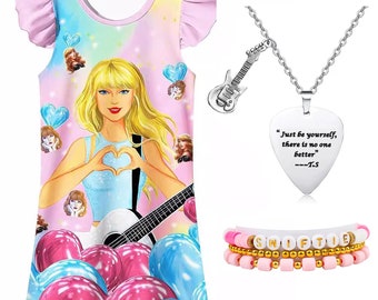 Taylor Swift Merch Girls Princess Dress  Casual Dress with Necklace Bracelets for Fans Swiftie 4-10 Years