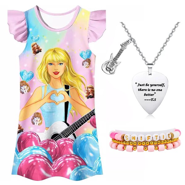 Taylor Swift Merch Girls Princess Dress  Casual Dress with Necklace Bracelets for Fans Swiftie 4-10 Years