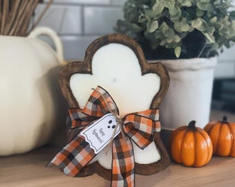Wooden Ghost Candle: Fall Scented Halloween Decor