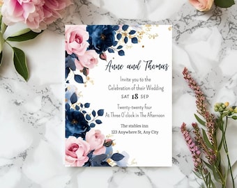 Digital Wedding Invitation Blue Navy Flowers, Pink Flowers Editable Blue Navy Wedding invite Template, Printable, Download, Diy, Floral