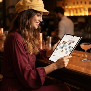 May include: A tablet computer displaying a grid of small square images on its screen. The device is held in a horizontal orientation, featuring a thin black bezel and a bright display showing various thumbnail icons and navigation menus.