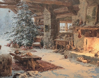 May include: An oil painting depicts a cozy, snow-covered cabin interior. A decorated Christmas tree stands near a window, surrounded by wrapped gifts. A fireplace glows warmly, and a wooden table is set for a meal, creating a festive holiday scene.