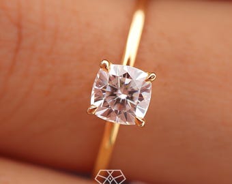 1.00 to 5.00 ct Cushion Cut Moissanite Engagement Ring, Cushion Cut Moissanite Solitaire Ring, Simple Wedding Ring For Her, Stackable Band