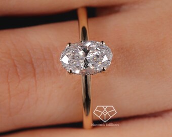 Im Labor gewachsener Diamant-Verlobungsring, Ovalschliff-Versteckter Halo-Ring 14k Gelbgold 4-Stift-Diamantring, ovaler Diamantring, Jubiläumsgeschenk