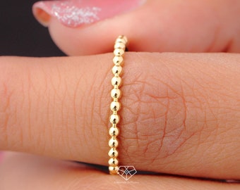 Anello in oro giallo massiccio 14k, design con perline delicate da 2 mm, semplice pallina in oro, fede nuziale unica, anello impilabile, sottile fascia in oro, fede di fidanzamento