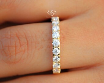Obrączka ślubna z okrągłym moissanitem o średnicy 3 mm, obrączka ślubna z moissanitem Half Eternity, obrączka z diamentami z 14-karatowego żółtego złota, obrączka rocznicowa dla niej