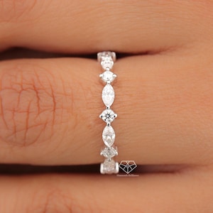 Alternating Round and Marquise Cut Moissanite Wedding Band, Womens Full Eternity Moissanite Wedding Band, Solid 14K White Gold Eternity Band