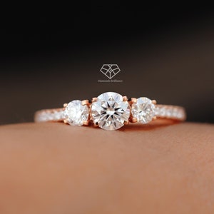 14k Solid Rose Gold Simulated Diamond Three Stone Engagement Ring, Past Present Future Moissanite Ring, Promise Ring, Anniversary Gift