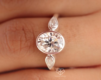 Bezel Set Oval Cut Moissanite Engagement Ring, Three Stone Anniversary Ring, Side Pear Stone Promise Ring, Forever Classic Wedding Gift