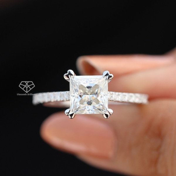 0.50 to 3.00CT Princess Cut Lab Grown Diamond Engagement Ring, Double Claw Prong Pave Set Wedding Ring, Bridal Set Ring, Promise Ring