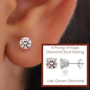 Lab Grown Diamond Earrings, 0.50-5.0 Carat Vintage Design Earrings, 4 Prong Basket Diamond Stud, 14k Solid Gold IGI Certified Diamond Studs