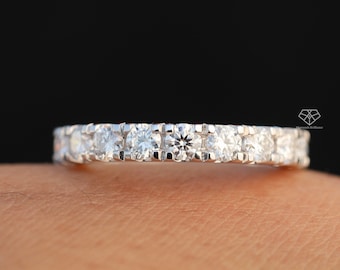 Pierścionek z naturalnym diamentem Eternity / Pierścionek z 3/4 diamentem Eternity ze złota 14k / Obrączka ślubna z okrągłym diamentem 3 mm / Pierścionek z diamentami do łączenia w stosy / Osłona pierścionka
