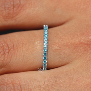 Aquamarine Half Eternity Ring Band, 1.5mm Pave Aquamarine Stacking Ring, Aquamarine Band, Wedding Anniversary Band, March Birthstone Ring