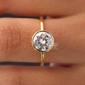 Bezel Set Round Moissanite Engagement Ring, Solitaire Wedding Ring, Solid Yellow Gold Bridal Ring, Anniversary Gift, Flat Comfort Fit Band