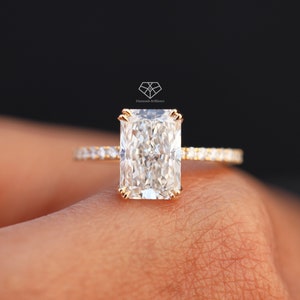 10 Carat Elongated Radiant Cut Lab Grown Diamond Ring 18k Radiant Cut Hidden Halo Wedding Ring, IGI Certified F-VS1 Side Stone Diamond Ring