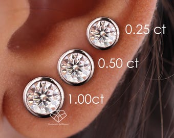 Round Cut Bezel Set Martini Moissanite Stud Earrings, Silver Push Back Wedding Anniversary Gift