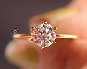 Round Brilliant Moissanite Engagement Ring For Women, 1.00 to 5.00 CT Thin Band 6 Prong Solitaire Moissanite Ring, Anniversary Gift Ring