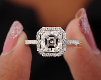 Anel de Noivado com Moissanita Lapidação Asscher, Anel de Casamento com Halo em Ouro Branco Maciço 14k, Anel de Aniversário para Mulheres, Anel Único em Estilo Vintage