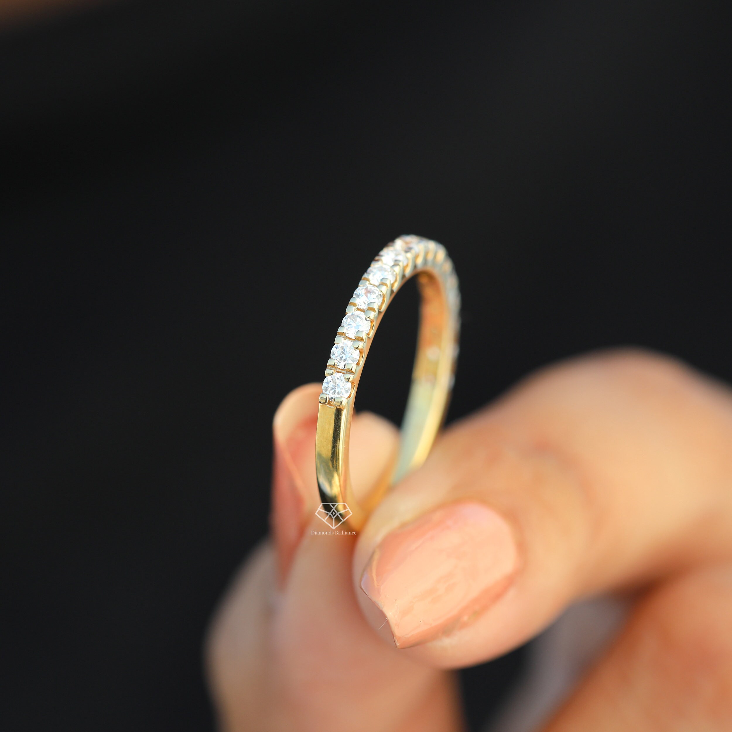 2mm Half Eternity Moissanite Diamond Wedding Band, 14K Solid Gold Band ...