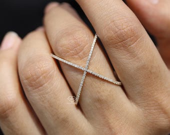 Criss Cross Ring, 14k Gold Diamond Criss Cross Statement Ring, Natural Diamond Engagement Ring, Diamond Ring, Real Diamond Ring For Her