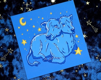 Mini impression vache à 2 têtes | Impression mate 5 x 5 | poème veau à deux têtes étoiles ferme cottagecore animal art original