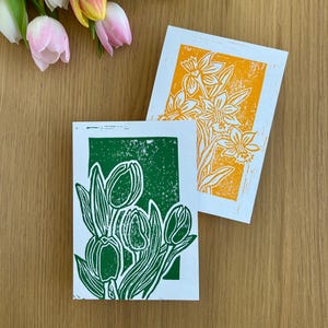 2 grabados linográficos originales de flores primaverales | Conjunto | Postales | A6 | Impresiones artísticas