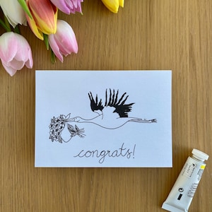 Carte postale cigogne avec bouquet de fleurs | Feutres fins | A6 | Impression d'art