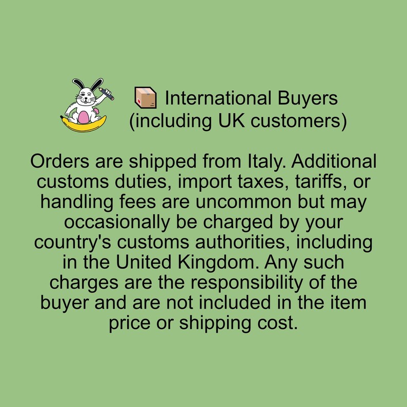 May include: A light green graphic featuring a cartoon rabbit sitting on a yellow banana and holding a pencil next to a small brown box icon. The text reads: International Buyers (including UK customers). Orders are shipped from Italy.