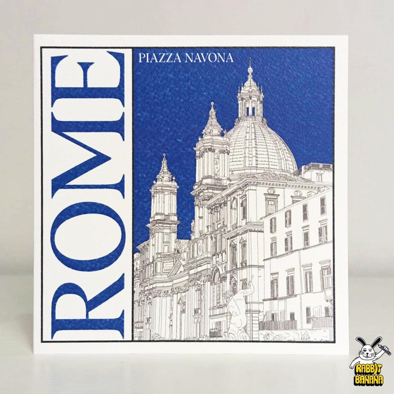 May include: A square card with a blue background and a detailed black and white illustration of a building. The word "ROME" is printed vertically on the left side in blue, and "PIAZZA NAVONA" is printed at the top.