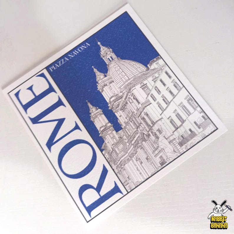 May include: A white and blue postcard featuring a detailed illustration of a building in Rome, Italy. The word "ROME" is printed vertically in blue on the left side, with "PIAZZA NAVONA" at the top. The image includes a small cartoon rabbit logo.