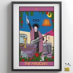 May include: A framed tarot card print titled THE MAGICIAN featuring a figure with spiky black hair in a pink robe holding a white wand and a guitar. The scene includes a floor lamp, a vacuum, a table with a pentagram, and red roses.