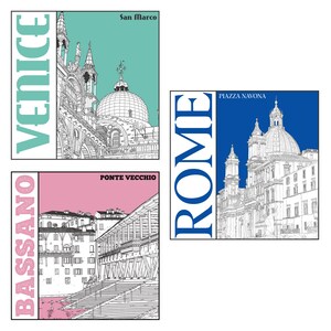 May include: Three architectural illustrations of Italian landmarks: Venice, Rome, and Bassano. Each features a detailed black and white drawing of a building or structure, set against a colored background. The text includes the city names and landmark names.