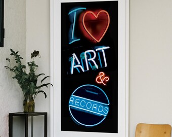Neon 'I Love Art and Records' Poster – Modern Pop Art Print (33x70cm)