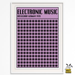 May include: A framed poster with a light purple background featuring the black text ELECTRONIC MUSIC and DÜSSELDORF GERMANY 1970 at the top. Below the text is a grid of many small black circular knobs arranged in uniform rows and columns.